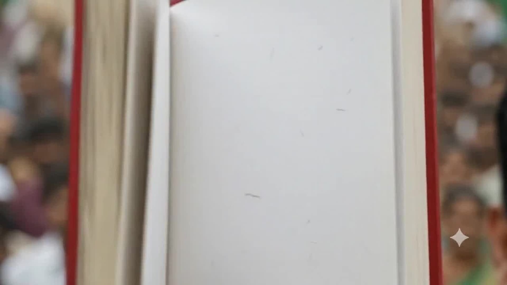 The red book opens to a clean, blank parchment page