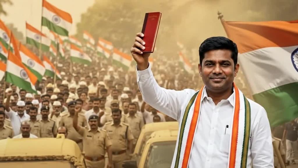 Jo standing before a gathering, holding the red Constitution book with Indian flags in the background