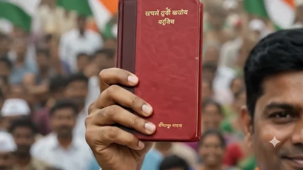 Macro close-up of the red Constitution book cover